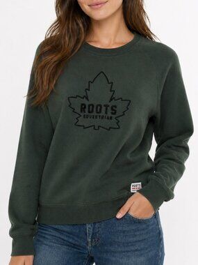 ROOTS Equestrian Sweatshirt Maple Leaf Terrycloth Green Black Women's Medium